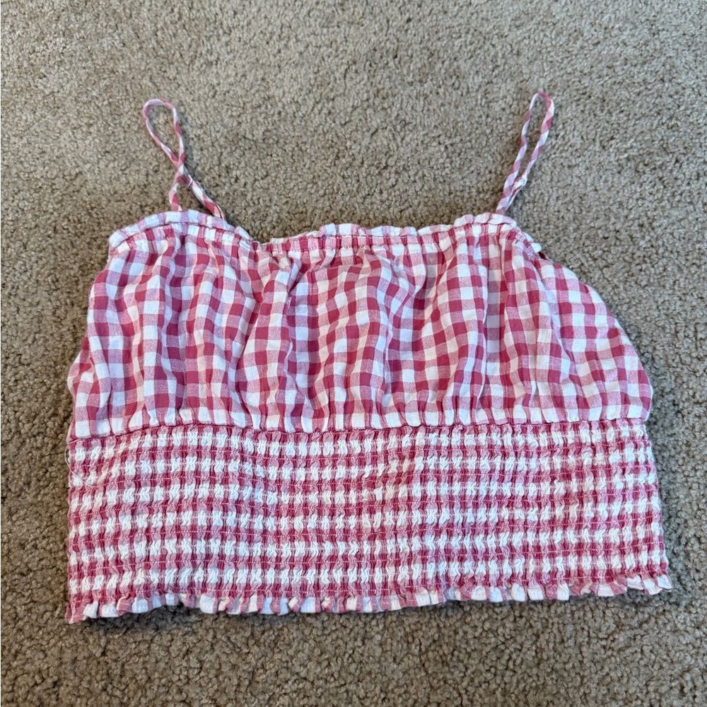 American Eagle Outfitters Red Gingham Smocked Crop Top